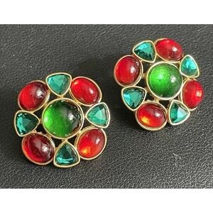 Mogul Earrings Bezel Set Cabochon Gold Tone Red Green Kovonchy Jewelry New